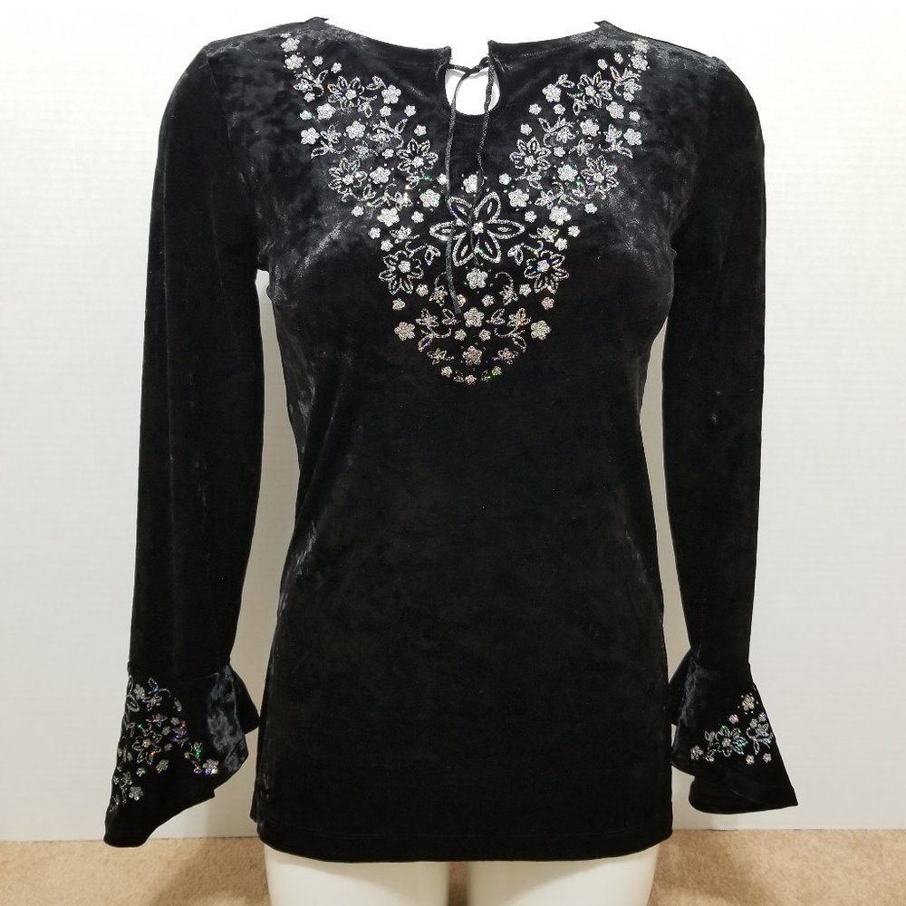 Limited Too top Medium 12 crushed velvet glittery floral bell sleeve VINTAGE Y2K